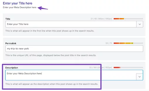 Scores of title, meta description & URL