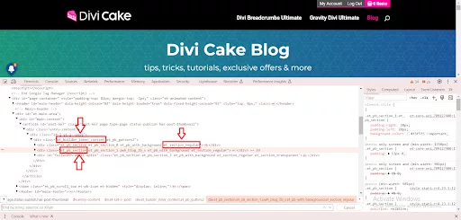 Chrome View Page Source showing et_pb code search, a common way to identify a Divi-built WordPress website