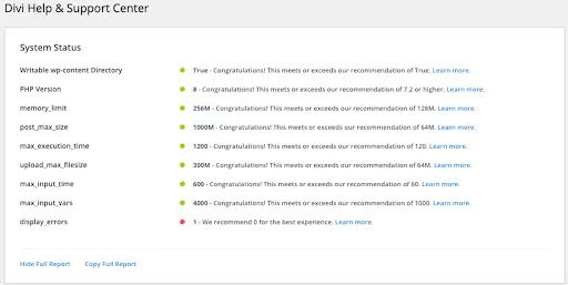When you click on “Show Full Report,” you’ll see a detailed list of warnings or check passes that could be affecting your Divi frontend builder.