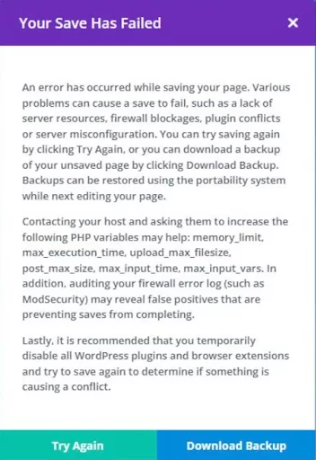 The “Your Save Has Failed” error message pops up when you’re trying to save your work in Divi.