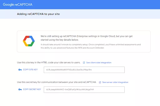 Google reCAPTCHA v3 site and secret keys enhance your website security and protect it against spam.