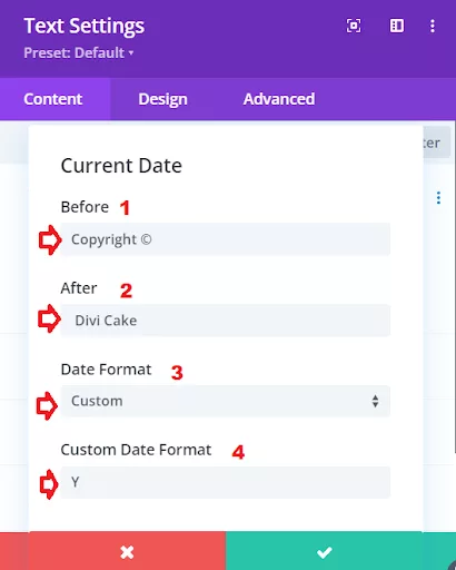 Set up copyright with “Copyright © “ in the “Before” field and replace placeholder in “After” with your site’s name. Choose “Custom” from “Date Format” dropdown and input “Y” for year.