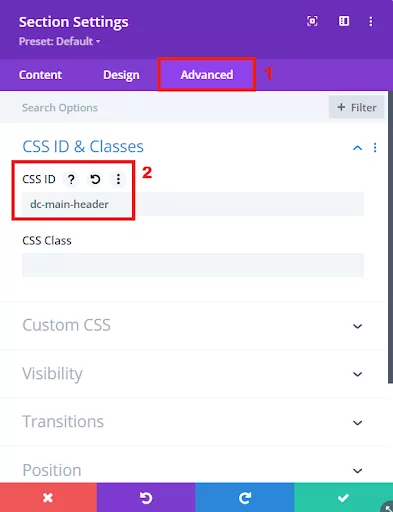 In the Divi Builder, open the settings for the section you want to modify. Under the “Advanced” tab, find the “CSS ID & Classes” option, then enter your desired CSS ID in the “CSS ID” field.