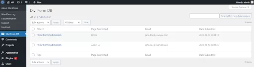 When you click the Divi Form DB tab the page displays four columns for each form entry.