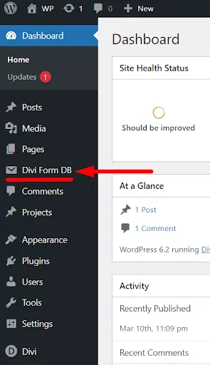 Once you install the Divi Contact Form DB plugin on your website, a new menu item named “Divi Form DB” will appear in your WordPress Dashboard.