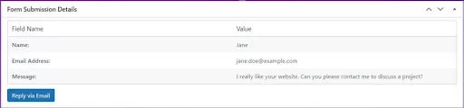 Form Submission Details displays all the information provided by the user in the form.