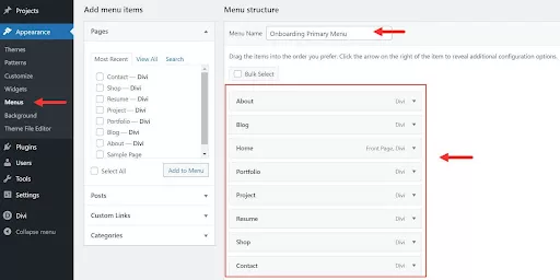 Divi Starter Sites also automatically creates a primary navigation menu in WordPress for all your essential pages.