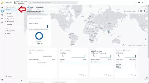 The real-time window in Google Analytics changes to display a count, indicating how many visitors are currently active on your site.
