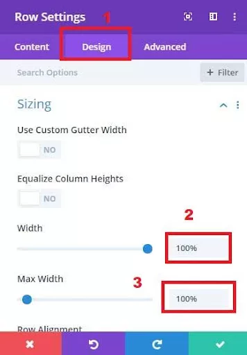 In Divi’s Row Design Settings, navigate to the “Design” tab where you can adjust the layout, sizing, spacing, border, box shadow, and animation options.