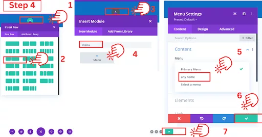 Divi process for setting up a logo and menu: choosing row layout, using the menu module, and personalizing design