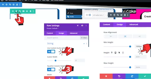 Divi Builder Row Settings with options to adjust gallery size, customize gutter width, and equalize column height for consistent layout across screen sizes.