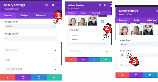 Divi Builder Gallery Settings with the ‘Image Order’ option showing two choices: Default and Random. The ‘Image Count’ option is visible, set to display 12 images, providing a more appealing layout with a greater number of images in the gallery.