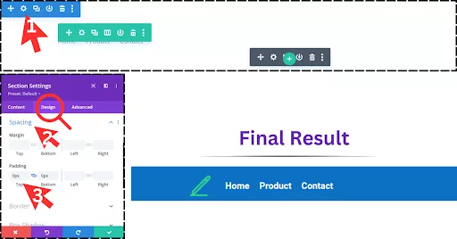 Adjust padding and margin settings in the header to refine its appearance. Set top and bottom padding to zero in the Design tab under Spacing to achieve the desired header height.