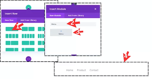 Steps to build a custom e-commerce header in Divi: Add a row with one column, insert the Menu module, and customize with color, padding, and logo.