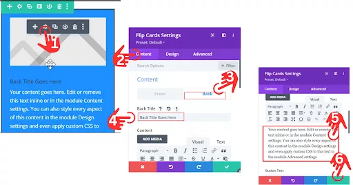 Screenshot showing how to change the content of the Flip Card in Divi: In the Flip Card settings, select the Content section under the Front tab. Update the Front Title and Description options, then save your changes. Next, you’ll learn how to modify the back content of the Flip Card.