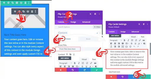 Screenshot showing how to change the content of the Flip Card in Divi: In the Flip Card settings, select the Content section under the Front tab. Update the Front Title and Description options, then save your changes. Next, you’ll learn how to modify the back content of the Flip Card.