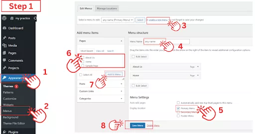 Screenshot of the WordPress dashboard showing the Appearance section with the Menus option highlighted. The process of creating a new menu is illustrated, including naming the menu, setting it as the primary menu, and adding pages from the ‘Add Menu Items’ section.