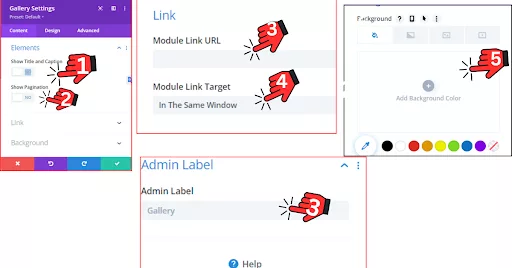 Divi Builder Gallery Settings showing the ‘Elements’ section with toggles for Title and Show Pagination turned off. The ‘Content’ section includes options for adding links to images and configuring Module Links Target. The ‘Background Setting’ allows setting a background color or image for the gallery, and the ‘Admin Label’ option is available for assigning a label like ‘Gallery’ for easier management.