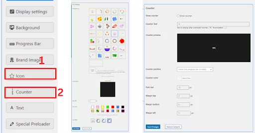 Screenshot showcasing options to set an animated icon or custom icon as a preloader, including settings for icon color and custom uploads. The image also highlights the counter settings for displaying a loading percentage with adjustable margins and font size.
