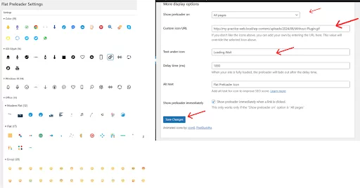 Screenshot showing the Flat Preloader plugin settings dashboard in WordPress. It includes options to select from various pre-made icons, use Emojis, or upload a custom image or icon by pasting a URL. The image demonstrates the URL field for custom image input and the save settings option.