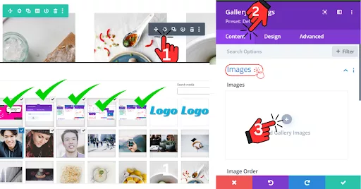 Divi Builder showing the Gallery module with the settings icon highlighted. Clicking the settings icon opens the Gallery Settings, where the Content tab is selected. The Media Library is accessed to choose images for the gallery, with a ‘Select’ button visible at the bottom right corner for confirming the image selection.
