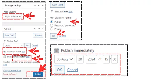 Configure page layout and visibility for WooCommerce products in Divi. Choose the page layout (e.g., disable sidebar), set product visibility to public, and ensure the product is published immediately.