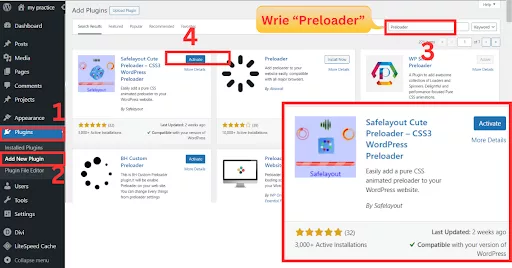 Screenshot of the WordPress Installed Plugins page showing the activated Safelayout Cute Preloader-CSS3 plugin. The image includes the Settings option and the Preloader Dashboard with a list of pre-made preloader designs, and a highlighted ‘Save’ button.