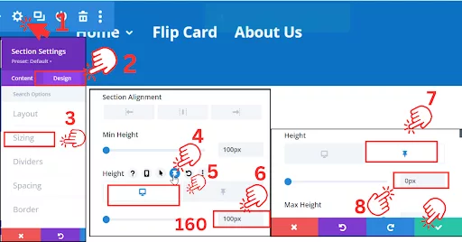 Steps to configure the shrinking effect for a sticky header in a webpage. The instructions involve accessing the Row Settings, navigating to the Design section, and adjusting the Sizing settings. The image shows the Height option with a Pin Icon, guiding users to set the Desktop height to 160px (or a preferred value) and then reduce the height to zero or another smaller value for the shrinking effect.