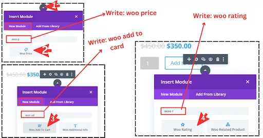 Steps to continue custom WooCommerce design by adding Woo Price, Woo Add to Cart, and Woo Rating modules to your ecommerce product section.
