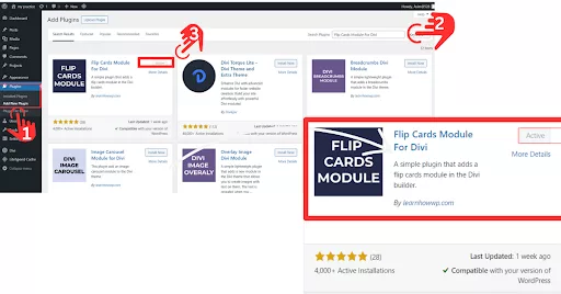 Screenshot showing how to create a flip card using a plugin in Divi: Go to the Plugins section under Appearance and click on Add New. In the search bar, type ‘Flip Cards Module For Divi’ and install the plugin. Open the desired page with the Divi Page Builder, click the plus button, and search for ‘Flip Card.’ Add and customize the flip card as needed.