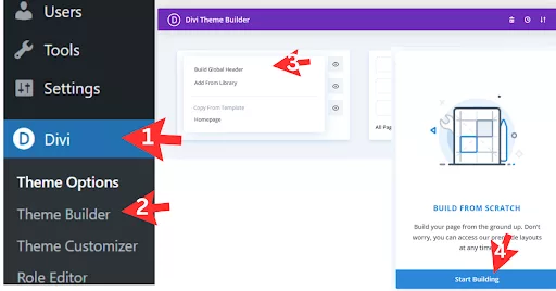 Guide for creating a Global Header in Divi: Access Theme Builder, select Global Header, choose to Build Global Header from scratch, and start building.