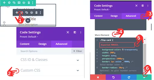 Screenshot showing how to copy and paste custom CSS for a flip card in Divi: For CSS, go to Advanced > Custom CSS, and paste the CSS code into the Elements box. Save changes with the green tick mark.