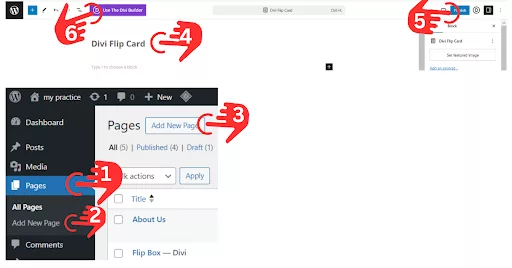 Screenshot showing steps to create a new practice page in Divi: First, create a dedicated practice page by navigating to ‘Add New Page,’ then publish it, and finally select ‘Use The Divi Builder’ to start working on it.