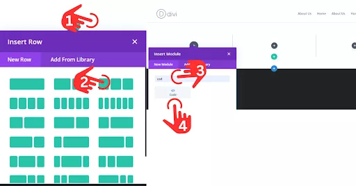 Screenshot showing the Visual Page Builder in Divi: After creating a new page, click the plus icon to add a new section. Create the desired number of columns; for example, three columns in one row. In the ‘Insert Module’ section, click on ‘New Module,’ type ‘Code’ in the search bar, and select the ‘Code’ module.