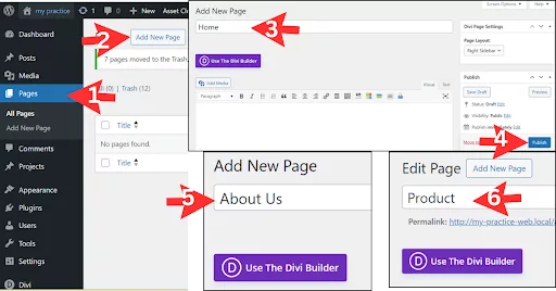 Instructions for creating pages in WordPress: Navigate to “Pages” and “Add New Page,” enter a title like “Home,” and click “Publish.” Repeat for additional pages like “Product,” “About Us,” and “Contact Us.” Published pages will appear in your site’s menu.