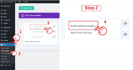 Screenshot of the Divi Theme Builder interface with the settings icon highlighted. The Content section shows the background color selection, and the Design section displays spacing and padding adjustment options.
