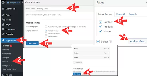 Instructions for creating a menu in WordPress: Go to “Appearance” > “Menus,” name your menu, set it as the Primary Menu, and click “Create Menu.” Select and add pages, arrange them, and click “Save Menu.” The menu will display the selected pages on your site.