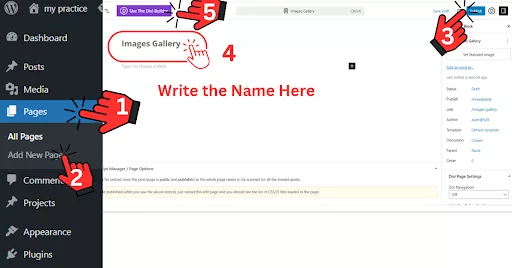WordPress dashboard showing the ‘Add New’ button under the Pages section, with a highlighted option to enter a title and publish a new page. The ‘Use The Divi Builder’ button is visible for activating the Divi visual page builder.