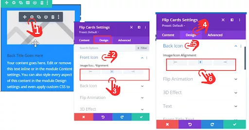 Screenshot showing the customization options for a Flip Card in Divi: In the Flip Card settings, go to the Design section. Adjust the Front and Back Icon Alignments to center or align the icons as preferred. If an image is used instead of an icon, alignment adjustment is unnecessary.