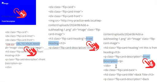 Screenshot showing how to customize a flip card in Divi: Paste the image URL, update the ‘H3’ tag to ‘H1’ or ‘H2,’ and add text between ‘H3’ and ‘P’ tags. Repeat for the back side of the flip card.