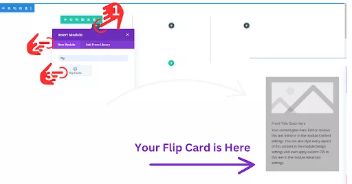 Screenshot showing how to customize a flip card in Divi using the plugin: Click on the Flip Card settings and go to the Content section. Edit and upload data to the front side, then switch to the Back side tab to complete the back side content. In the Design section, adjust the settings as needed. The flip card is now ready.