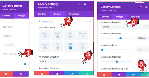 Divi Builder Animation settings for gallery, offering style, direction, duration, delay, and intensity controls to create visually appealing and well-timed animations.