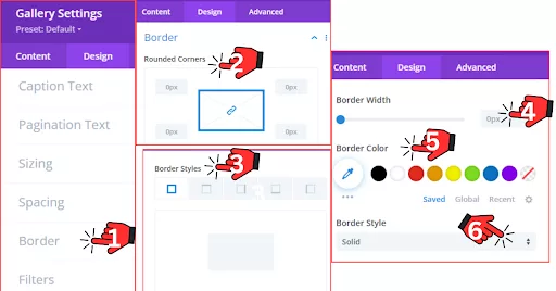 Divi Builder Border settings for gallery images, featuring options for rounded corners, border style, width, and color to create a cohesive and attractive design.