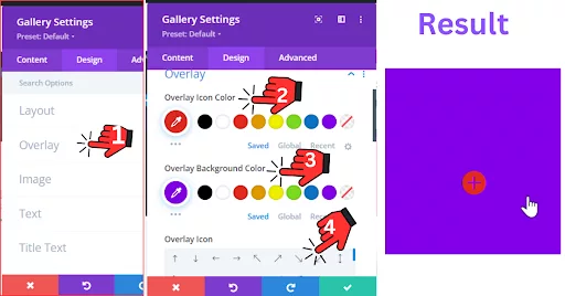 Color, Overlay Background Color, and Overlay Icon, which customize the hover effect with color and icon visibility.