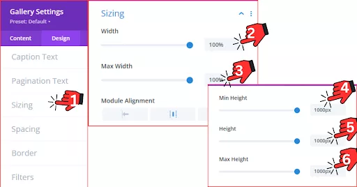 Divi Builder Sizing settings for the gallery, featuring Width, Maximum Width, and Height controls for a well-proportioned and aligned gallery layout.