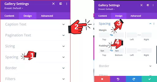 Divi Builder Spacing settings for the gallery, with customizable Margin and Padding options to adjust module positioning and internal spacing for a balanced layout.