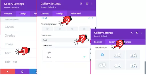 Divi Builder Text section showing alignment, color, and shadow options, available for future use in gallery setup.