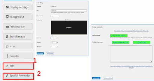 Screenshot showing the options for setting custom text messages as a preloader and creating a special preloader design through coding. Includes settings for customizing text color, size, and properties, as well as an option to generate personalized preloader designs with ChatGPT.