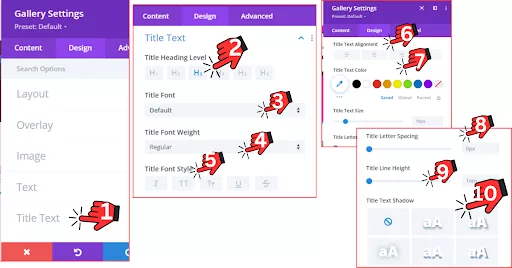 Divi Builder Title settings for customizing text elements, including heading level, font style, alignment, size, spacing, and shadow effects.