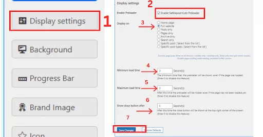 Screenshot of the Display Settings for the preloader plugin, showing options to select pages for preloader display, set Minimum Time, Maximum Time, and configure the Show Close Button feature